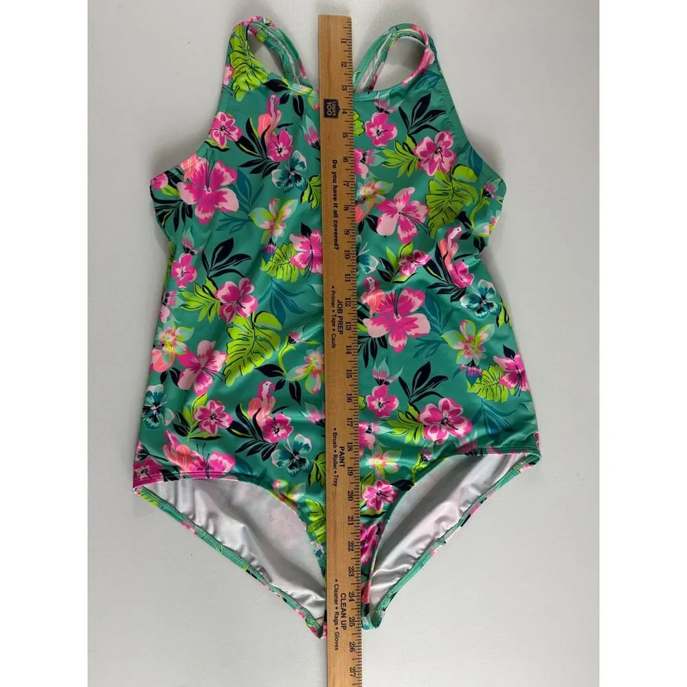 Lands' End Girls 16+ Tropical Floral One Piece Swimsuit Cross Back Teal Pink